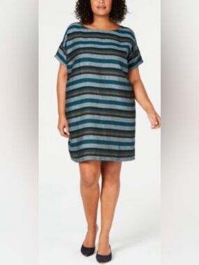 Eileen Fisher 100% Organic Linen Striped Shift Dress,Size-Large